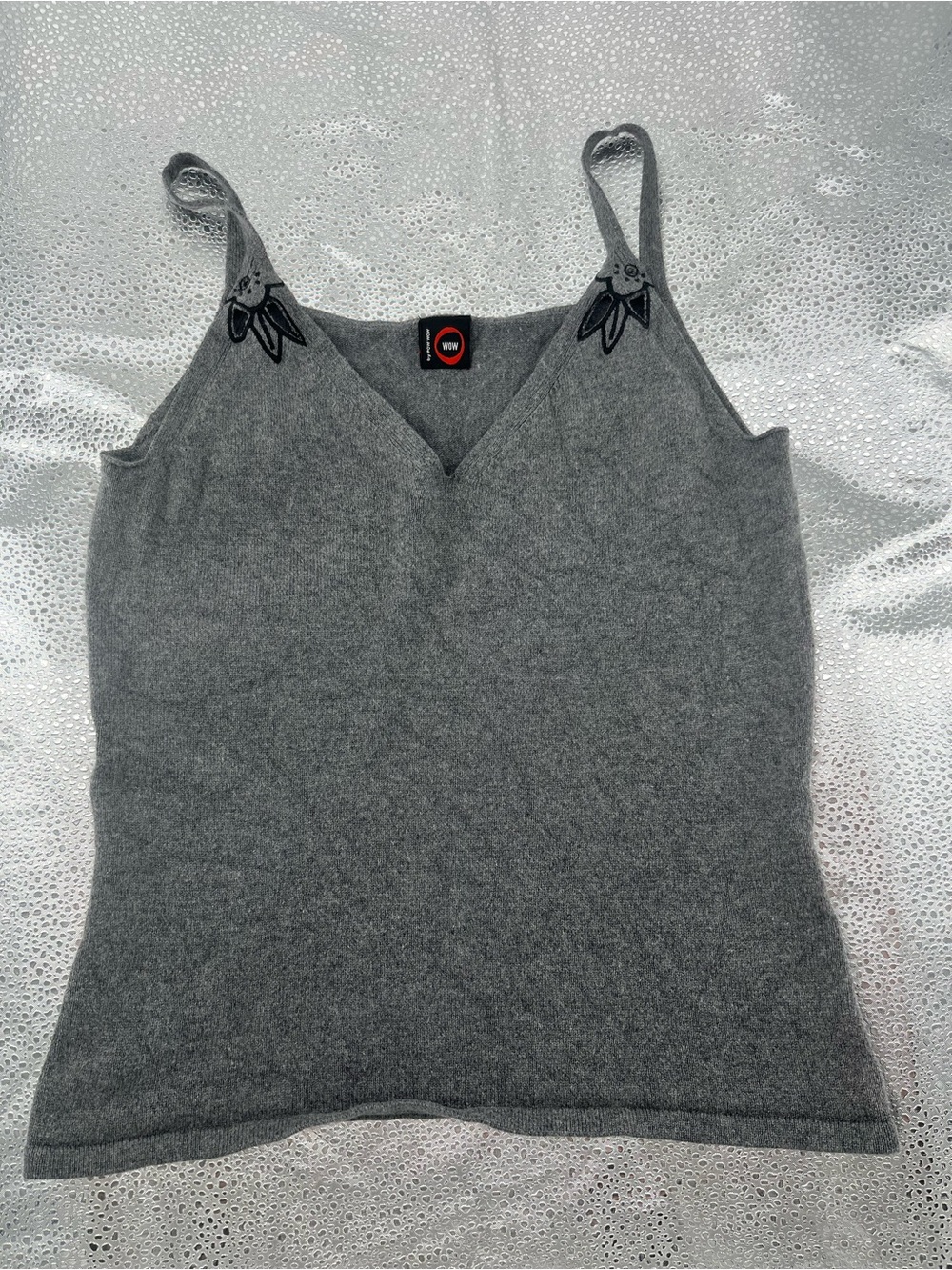 Wow By Pow Wow Gray Silk Cashmere Blend Embroidered V-Neck Tank Top Y2K Small